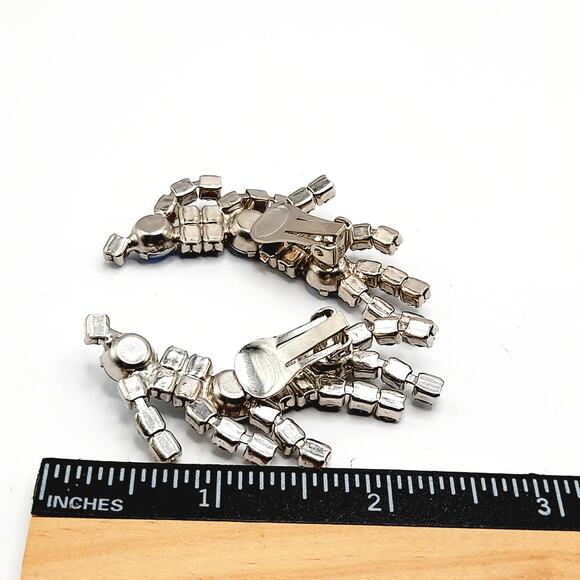 Vintage Blue Rhinestone Ear Climber Earrings Clip On Silver Tone Mid Century - Picture 6 of 7